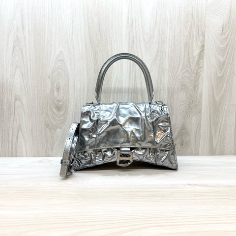 Balenciaga銀色抓皺羊皮小號Hourglass沙漏手提側背包751497