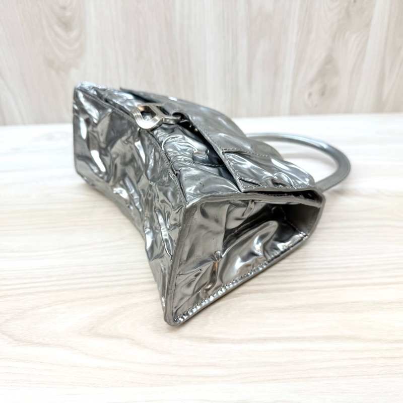 Balenciaga銀色抓皺羊皮小號Hourglass沙漏手提側背包751497-5