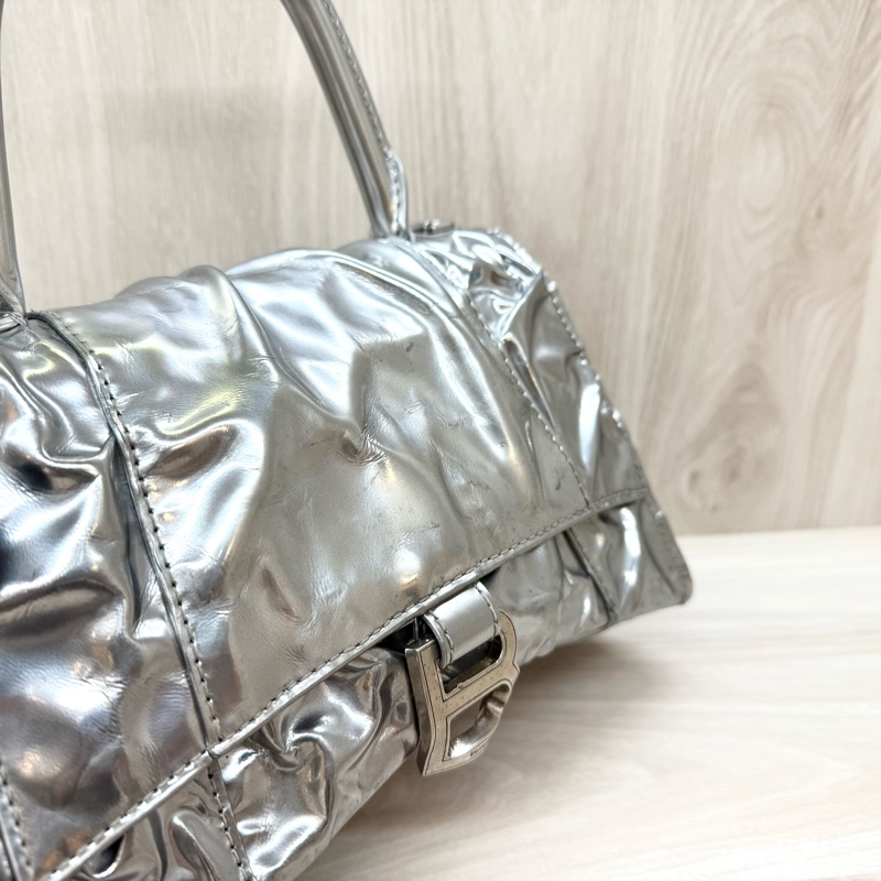 Balenciaga銀色抓皺羊皮小號Hourglass沙漏手提側背包751497-13