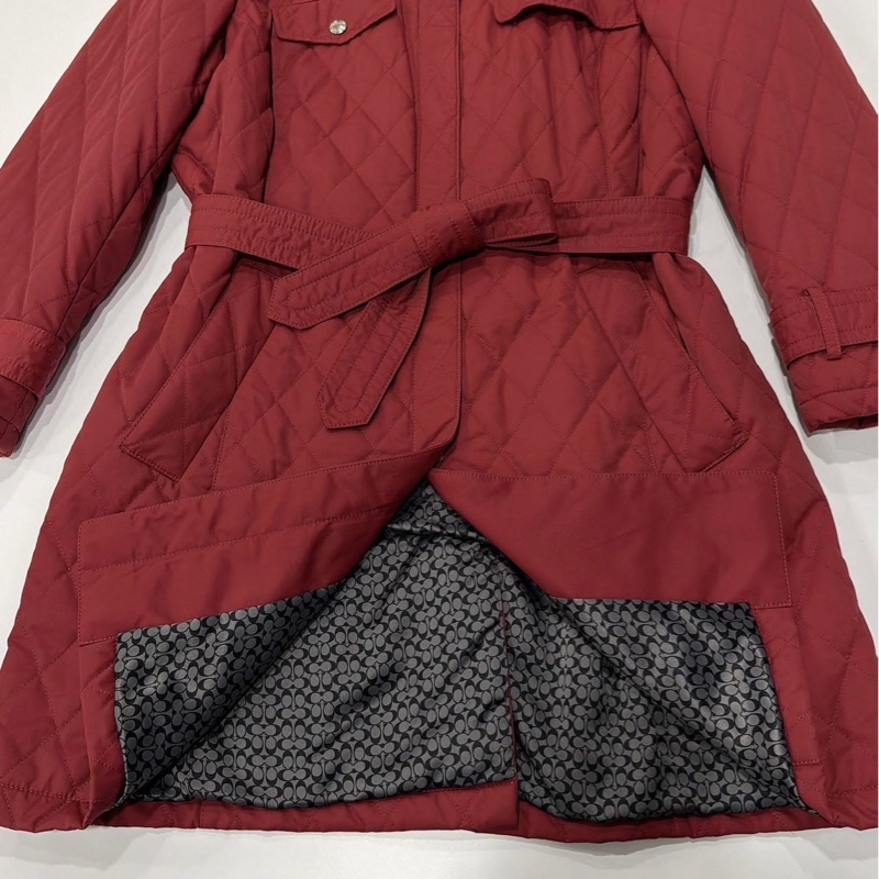 美國蔻馳 Coach 勃艮第紅菱格紋縫衍綁帶外套-7