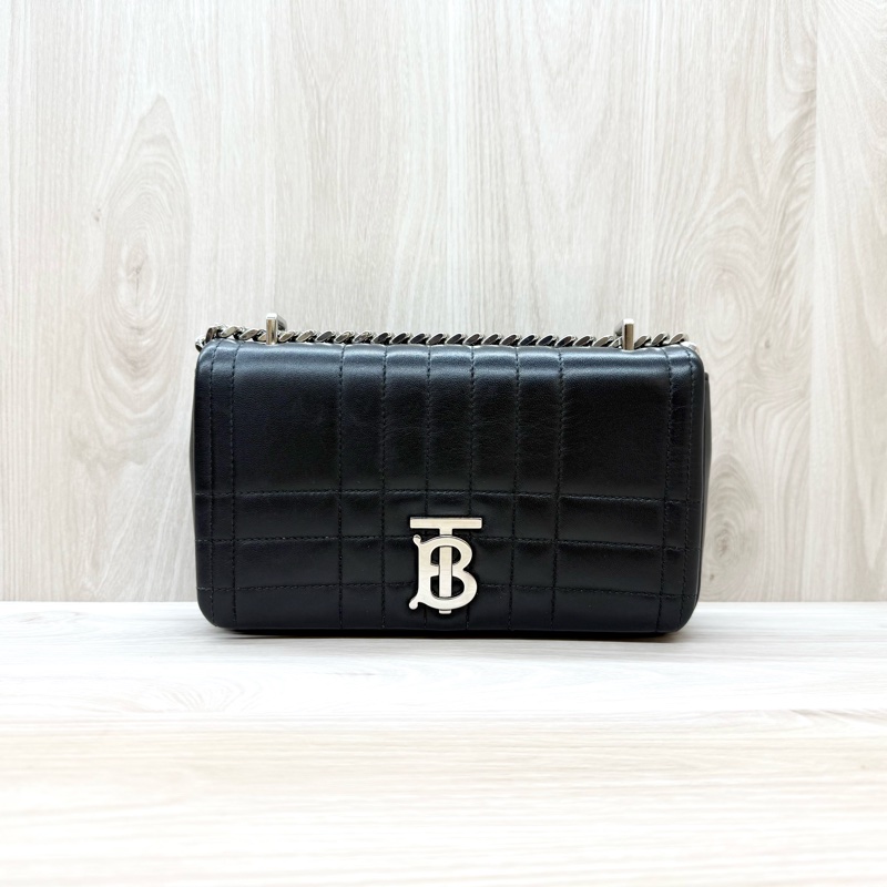 Burberry黑銀羊皮衍縫格紋TBLOLA小號側背包8059510-0