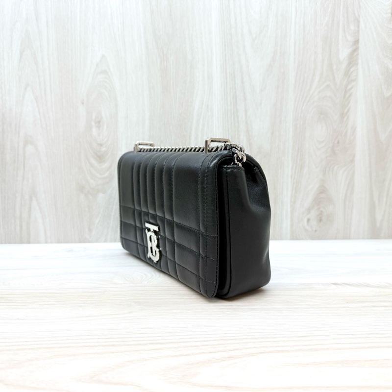 Burberry黑銀羊皮衍縫格紋TBLOLA小號側背包8059510-2