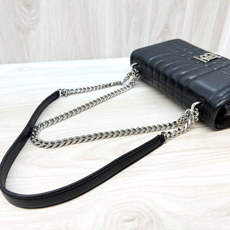 Burberry黑銀羊皮衍縫格紋TBLOLA小號側背包8059510-9