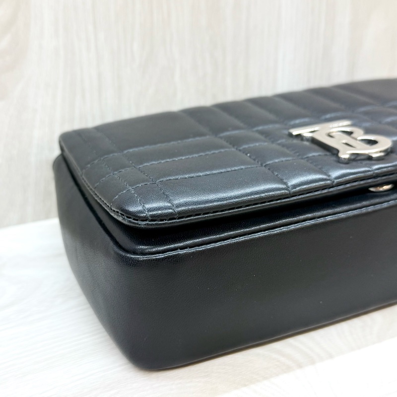 Burberry黑銀羊皮衍縫格紋TBLOLA小號側背包8059510-11