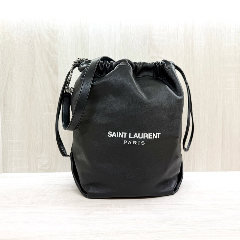 YSL 黑銀羊皮抽繩束口肩背鍊包538447-0