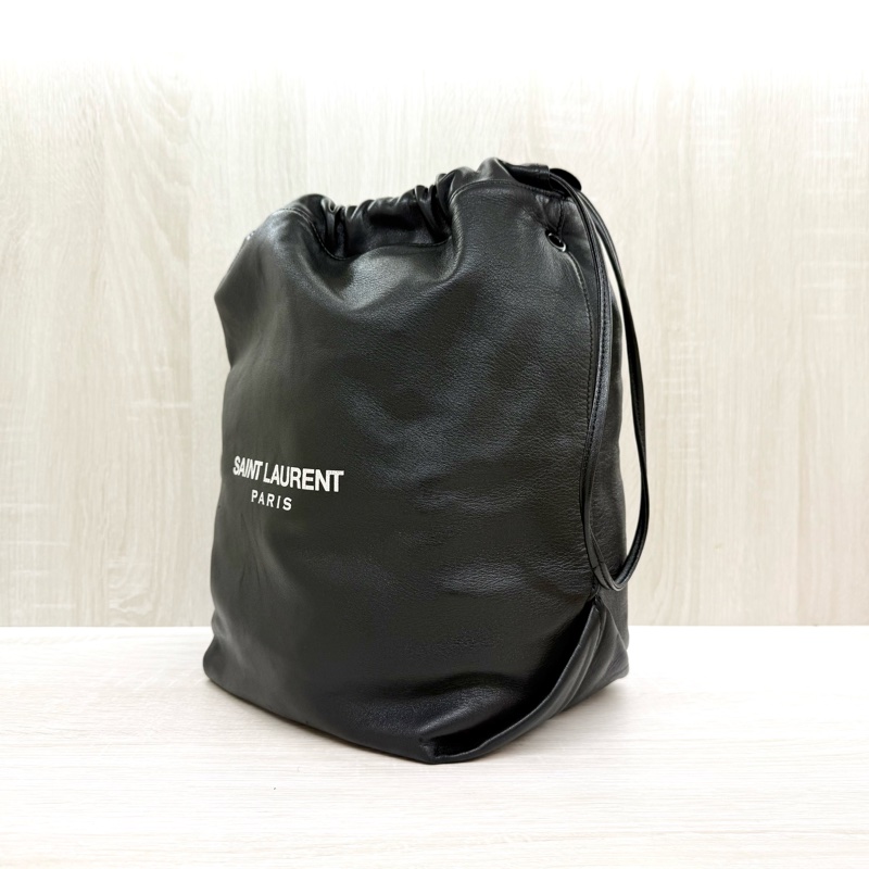 YSL 黑銀羊皮抽繩束口肩背鍊包538447-2