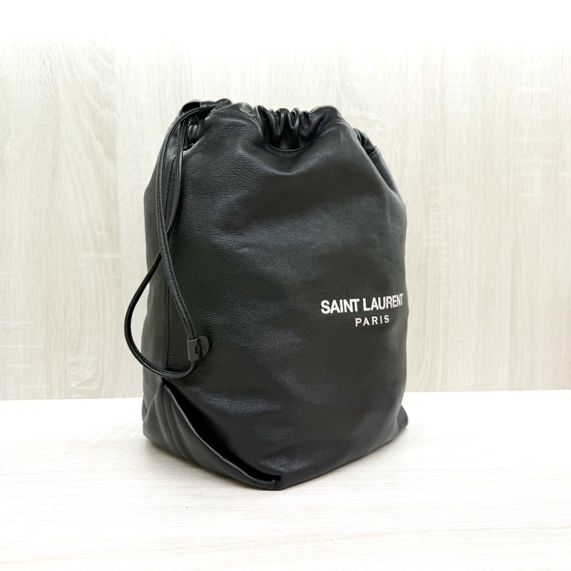 YSL 黑銀羊皮抽繩束口肩背鍊包538447-3