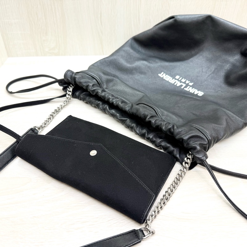 YSL 黑銀羊皮抽繩束口肩背鍊包538447-9