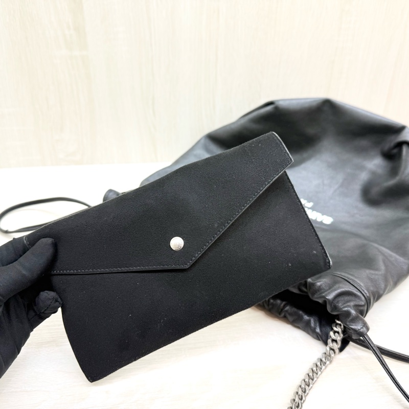 YSL 黑銀羊皮抽繩束口肩背鍊包538447-10