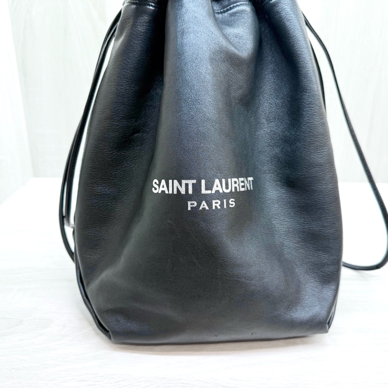 YSL 黑銀羊皮抽繩束口肩背鍊包538447-17