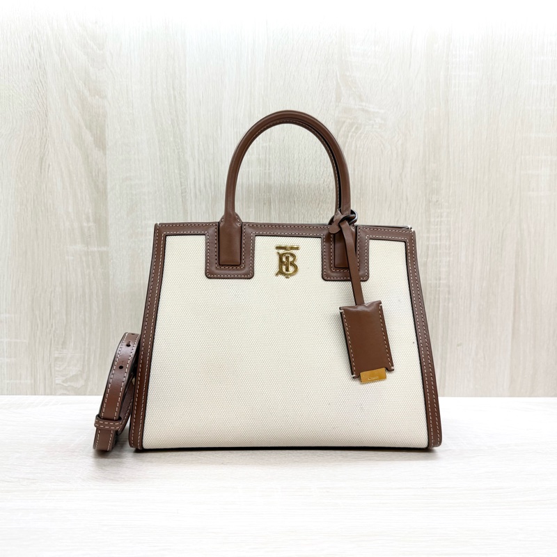 BURBERRY米白拼棕牛皮TB釦Frances手提肩背包80705721-0
