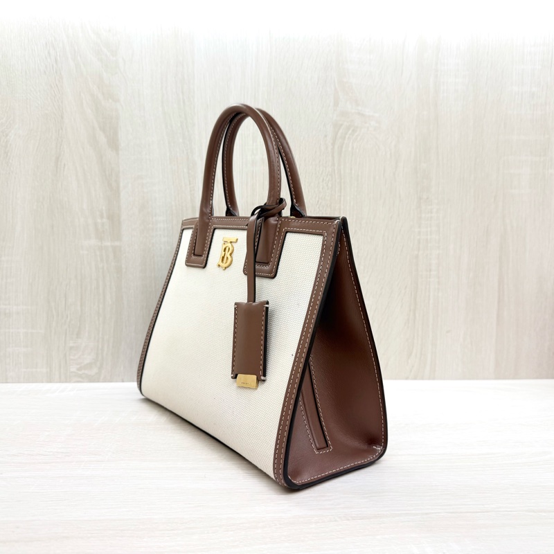 BURBERRY米白拼棕牛皮TB釦Frances手提肩背包80705721-2