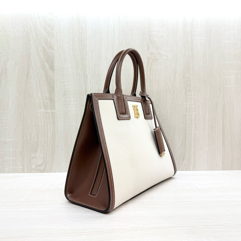 BURBERRY米白拼棕牛皮TB釦Frances手提肩背包80705721-3