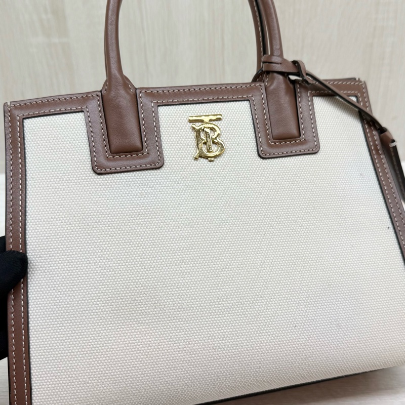 BURBERRY米白拼棕牛皮TB釦Frances手提肩背包80705721-9