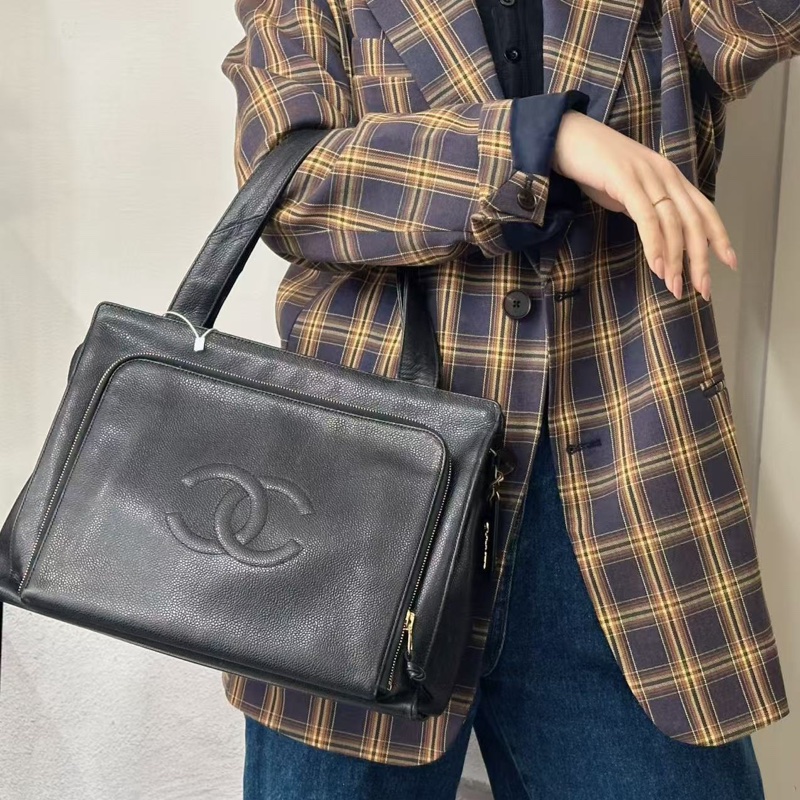Chanel 香奈兒黑金荔枝紋單肩托特Tote-1