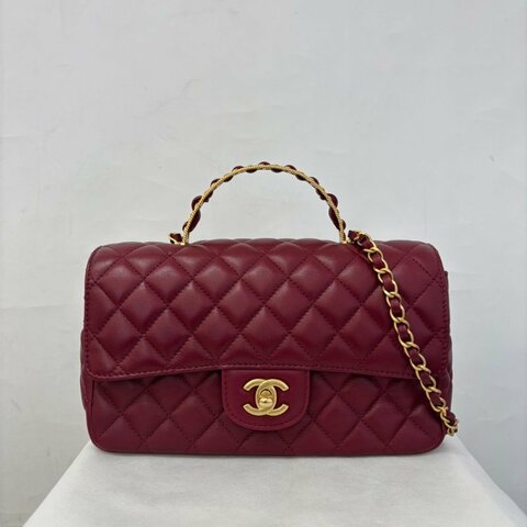 CHANEL棗紅色羊皮仿舊金鍊COCO Handle 23