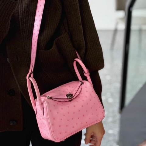 愛馬仕 mini Lindy 泡泡粉 銀扣 z刻 99新  配件 塵袋盒子