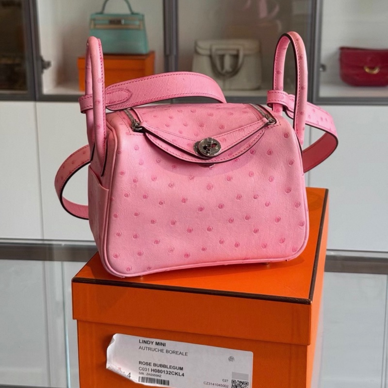 愛馬仕 mini Lindy 泡泡粉 銀扣 z刻 99新  配件 塵袋盒子-1