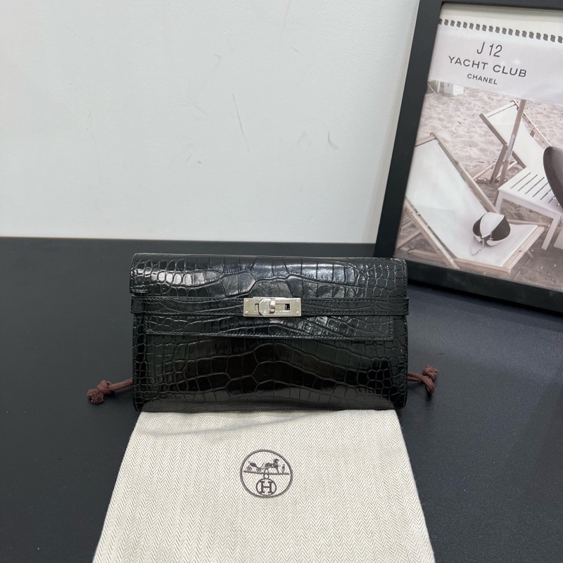 98新Hermes愛馬仕Kelly long 黑銀亮面方框鱷魚皮錢包手拿包-0