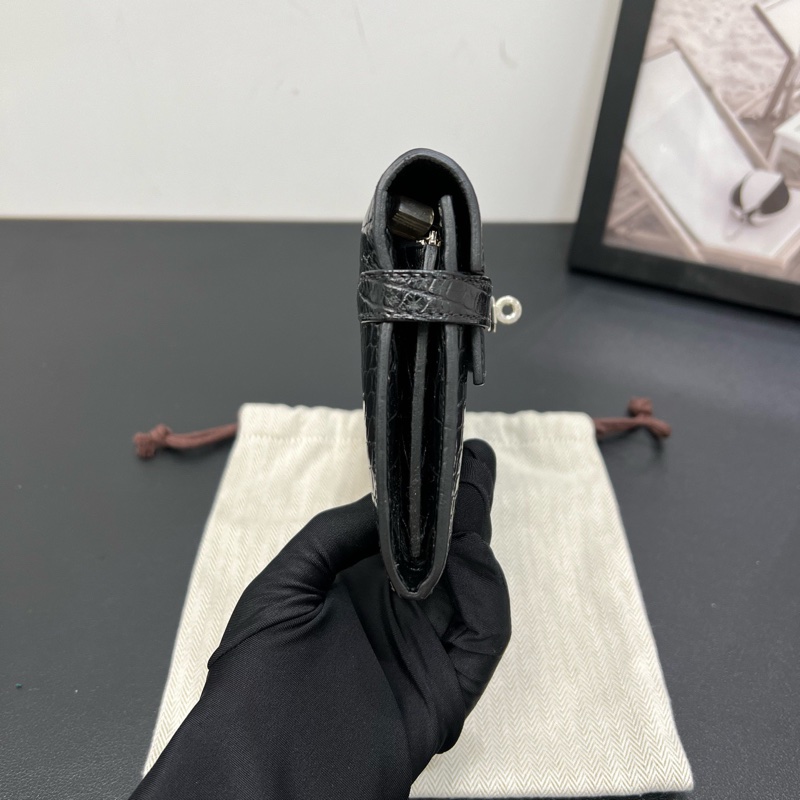 98新Hermes愛馬仕Kelly long 黑銀亮面方框鱷魚皮錢包手拿包-2