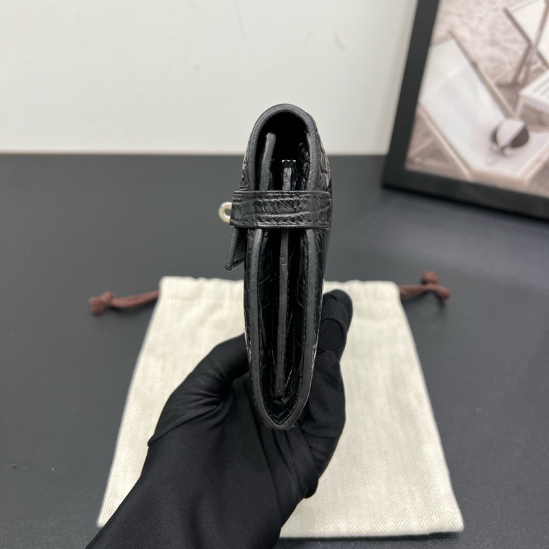 98新Hermes愛馬仕Kelly long 黑銀亮面方框鱷魚皮錢包手拿包-4