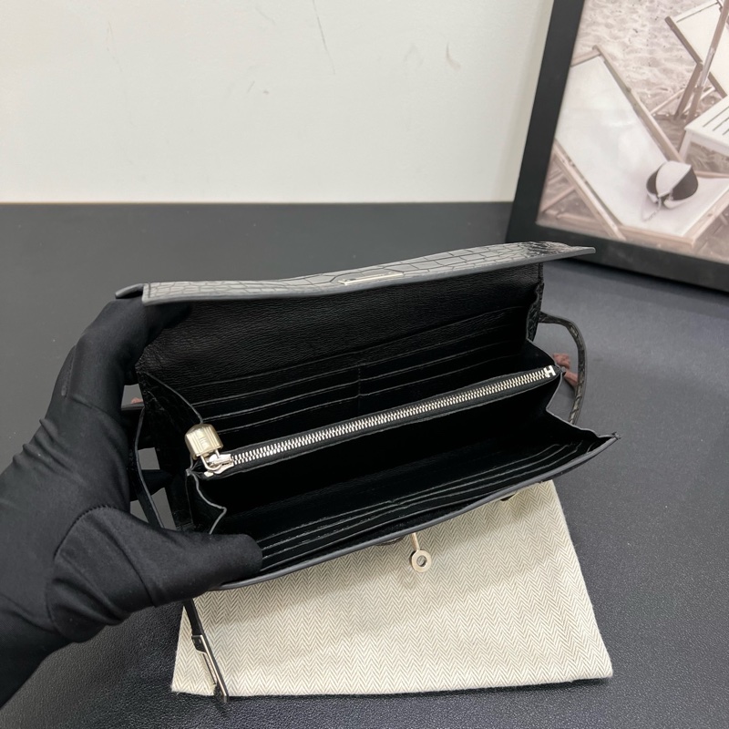 98新Hermes愛馬仕Kelly long 黑銀亮面方框鱷魚皮錢包手拿包-6