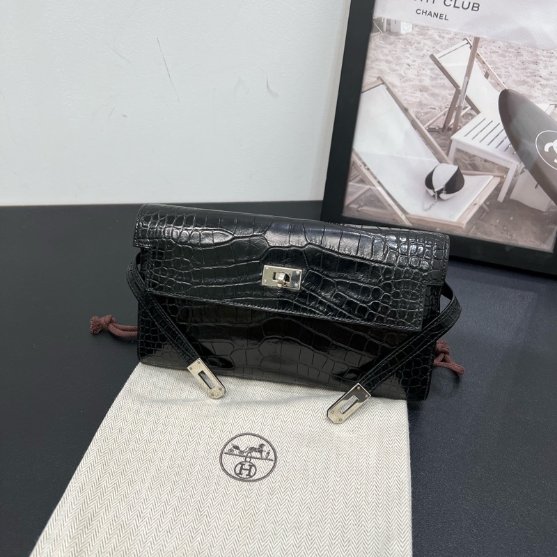 98新Hermes愛馬仕Kelly long 黑銀亮面方框鱷魚皮錢包手拿包-7