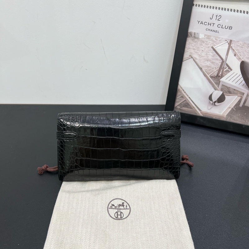 98新Hermes愛馬仕Kelly long 黑銀亮面方框鱷魚皮錢包手拿包-9