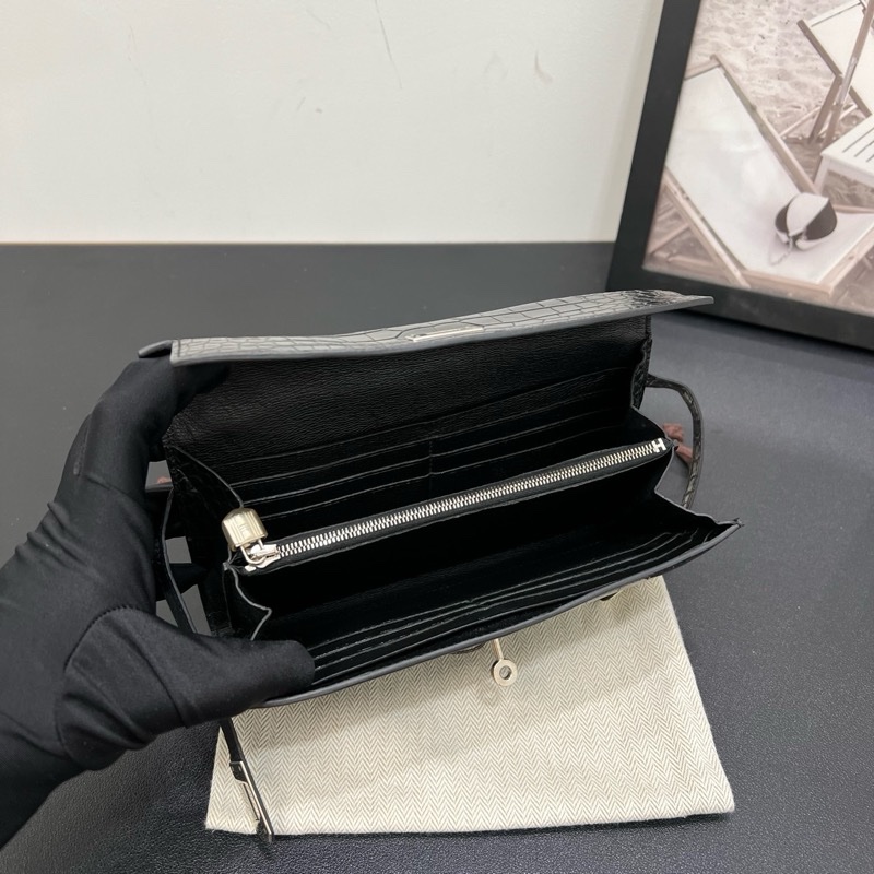 98新Hermes愛馬仕Kelly long 黑銀亮面方框鱷魚皮錢包手拿包-12