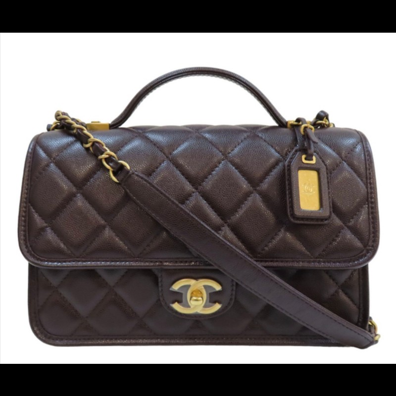 CHANEL 香奈兒 深棕色 牛皮 郵差包 金扣 軍牌 coco handle-4