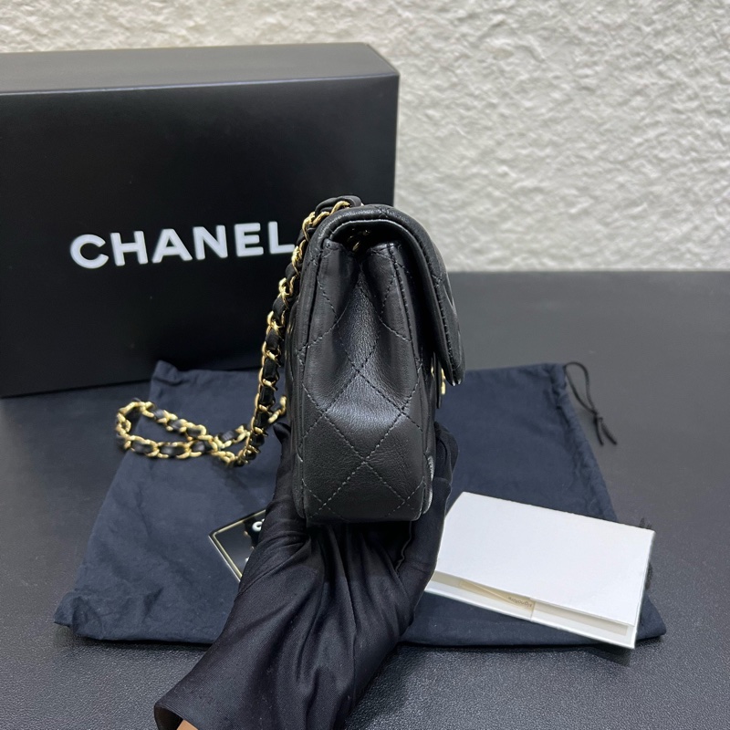 99新全套Chanel香奈兒黑金羊皮west flap法棍CF單肩包腋下包-2