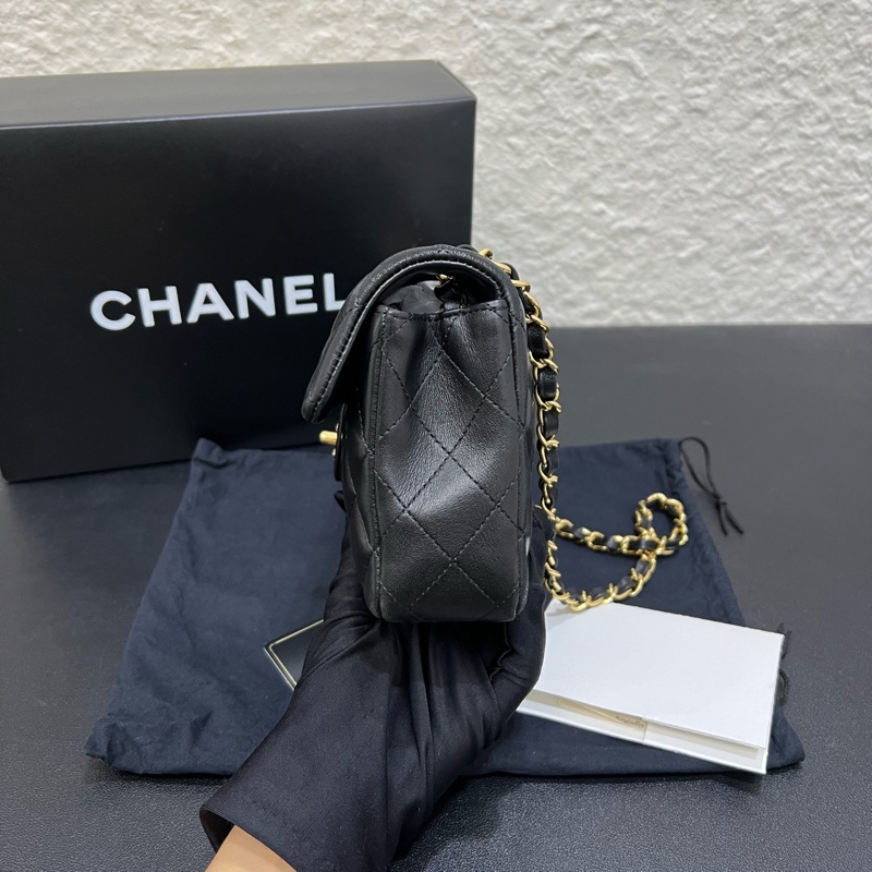 99新全套Chanel香奈兒黑金羊皮west flap法棍CF單肩包腋下包-3