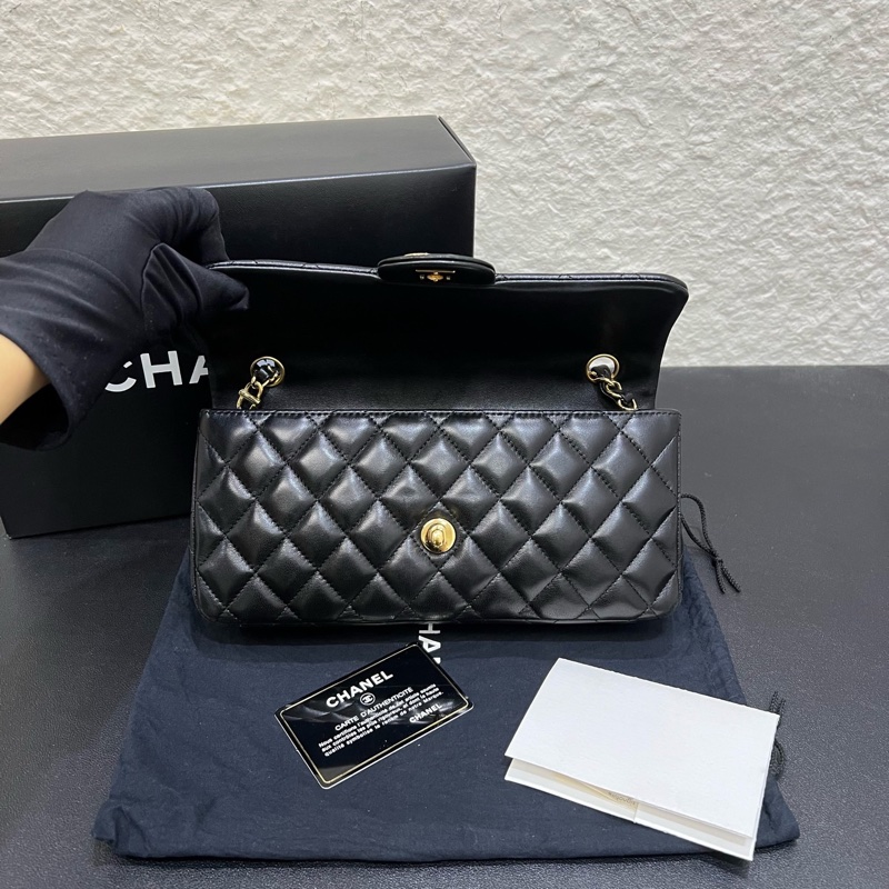 99新全套Chanel香奈兒黑金羊皮west flap法棍CF單肩包腋下包-5