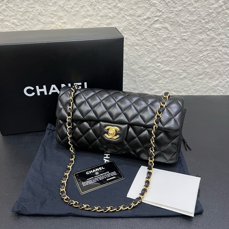 99新全套Chanel香奈兒黑金羊皮west flap法棍CF單肩包腋下包-7