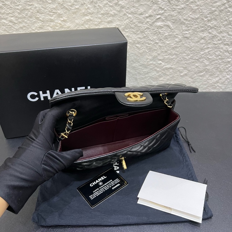 99新全套Chanel香奈兒黑金羊皮west flap法棍CF單肩包腋下包-8