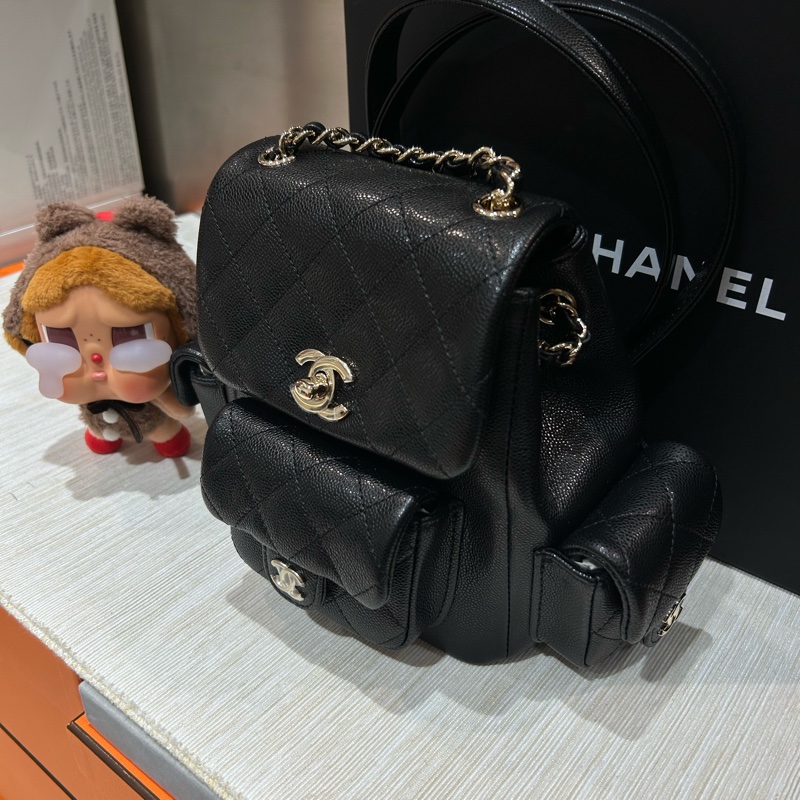 全新CHANEL Duma backpack AS4399 黑魚子醬牛皮淡金釦菱格紋-1