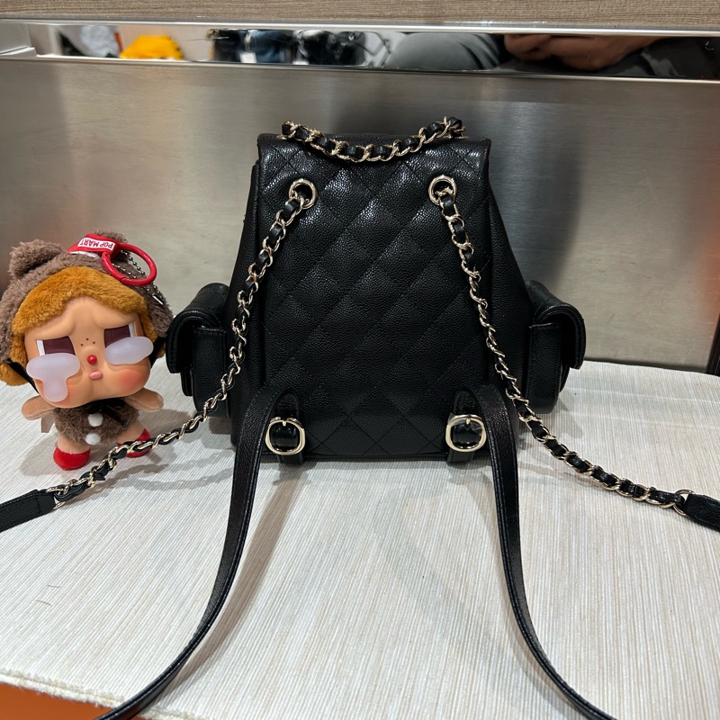 全新CHANEL Duma backpack AS4399 黑魚子醬牛皮淡金釦菱格紋-3