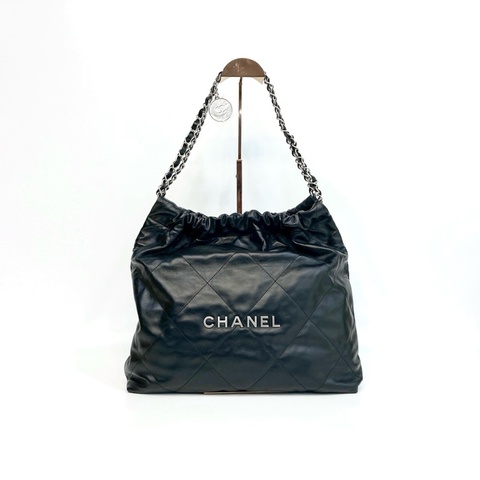 🕯️近全新22包CHANEL黑銀中號油蠟牛皮22包/AS3261/垃圾袋