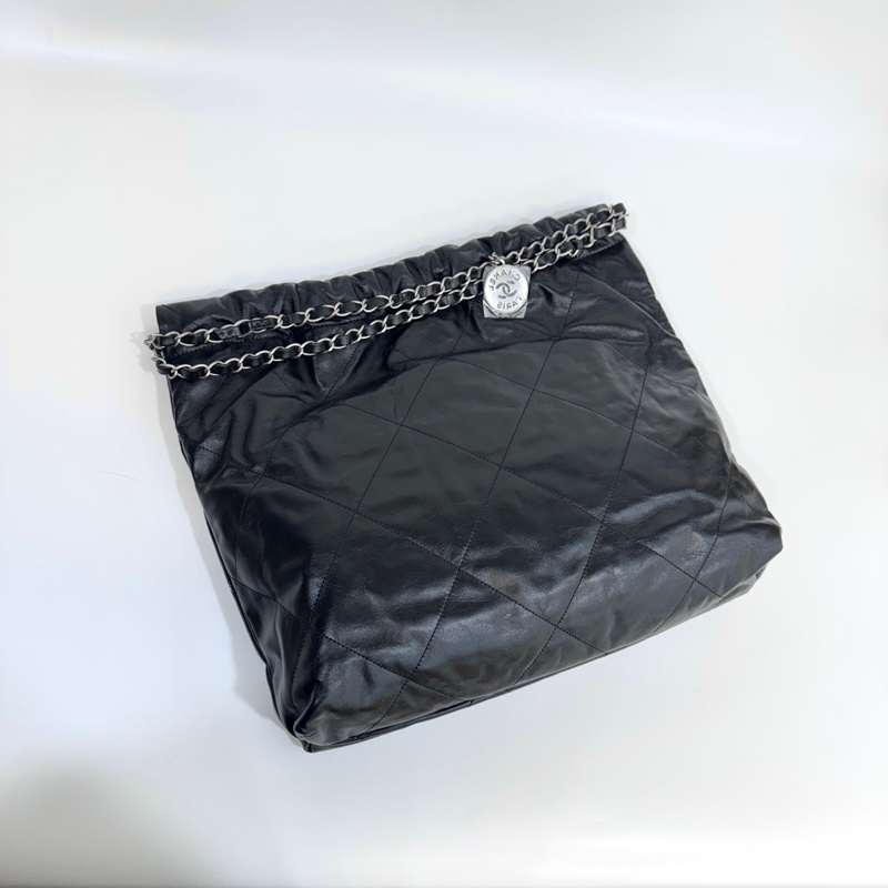 🕯️近全新香奈兒22包CHANEL黑銀中號油蠟牛皮22包/AS3261/垃圾袋-2