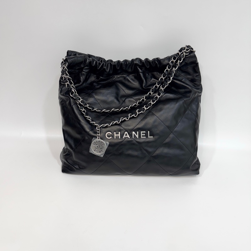 🕯️近全新香奈兒22包CHANEL黑銀中號油蠟牛皮22包/AS3261/垃圾袋-7