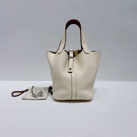 Hermès 愛馬仕 picotin 菜籃子18 銀扣 Z刻 奶油白拼棕手提