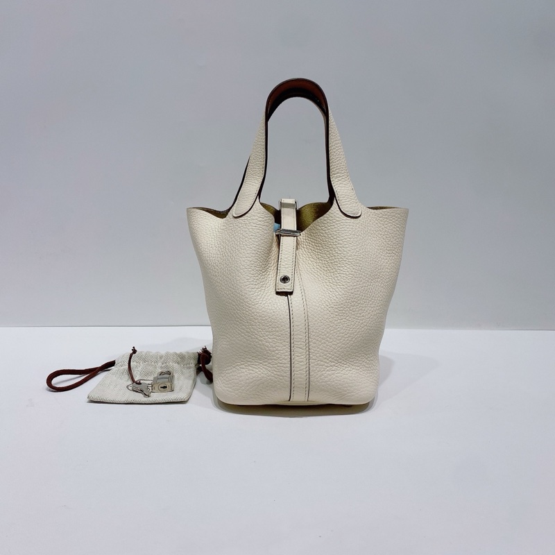 Hermès 愛馬仕 picotin 菜籃子18 銀扣 Z刻 奶油白拼棕手提-0