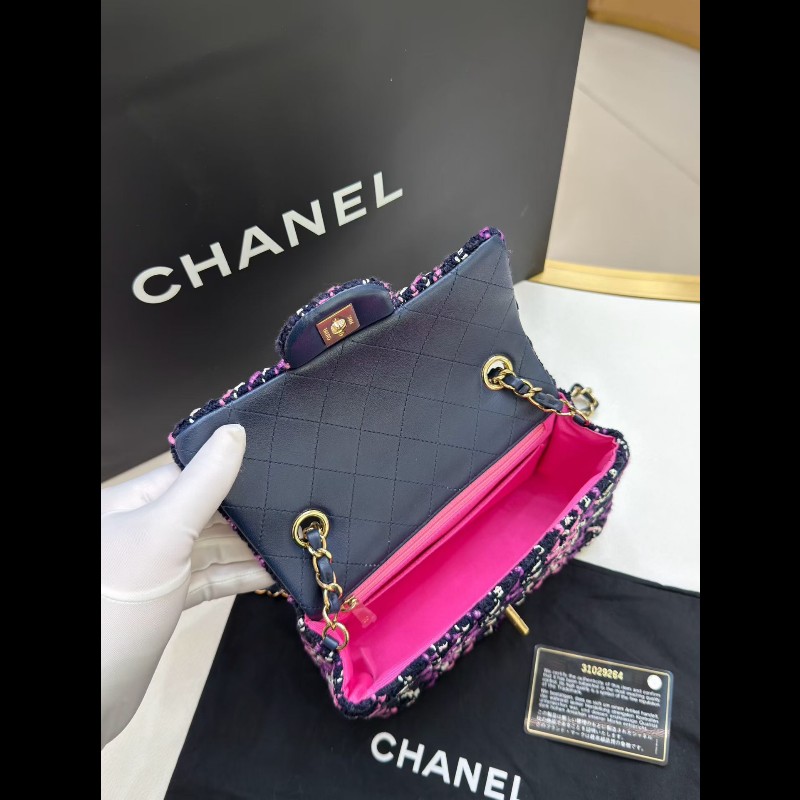 Chanel 21p紫色毛呢編織大mini cf鏈條包-5
