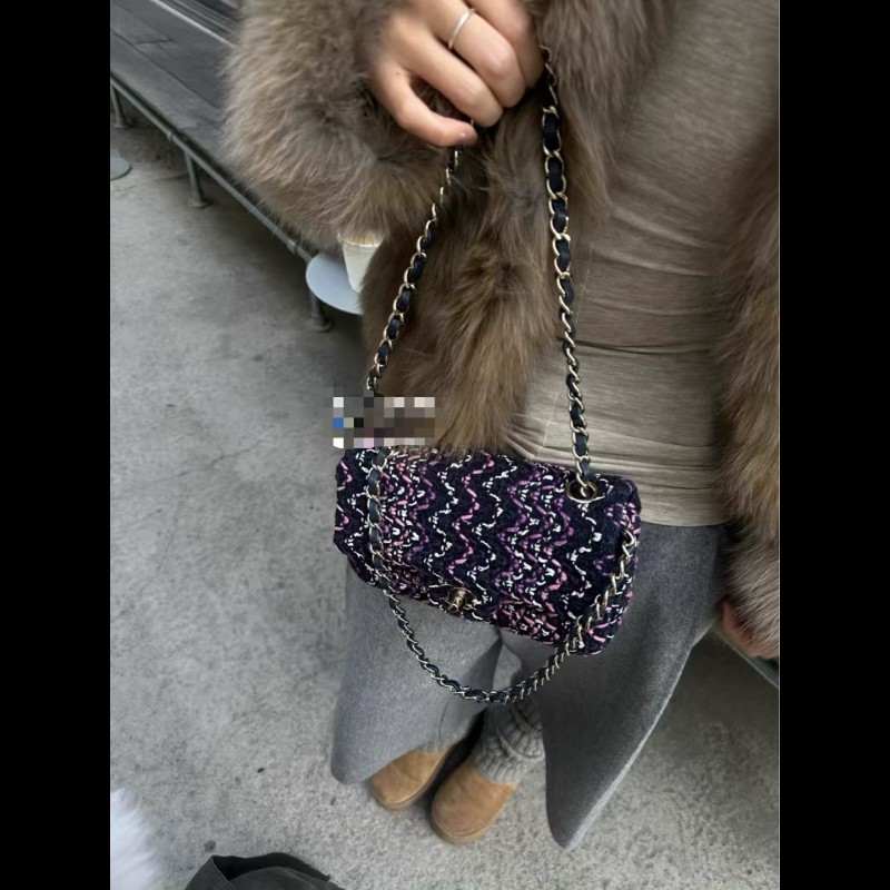 Chanel 21p紫色毛呢編織大mini cf鏈條包-7