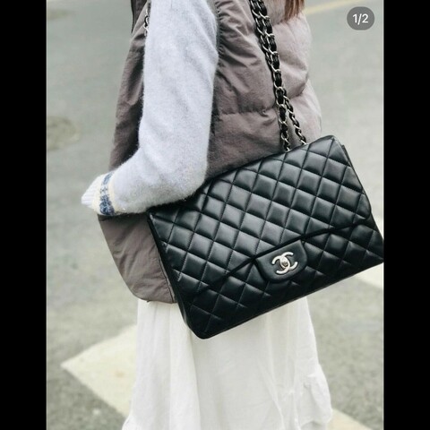 Chanel CF系列 jumbo黑銀羊皮鏈條包