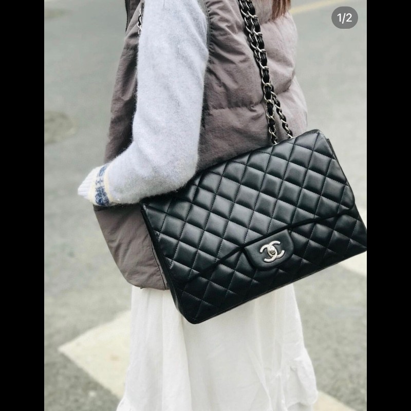 Chanel CF系列 jumbo黑銀羊皮鏈條包-0