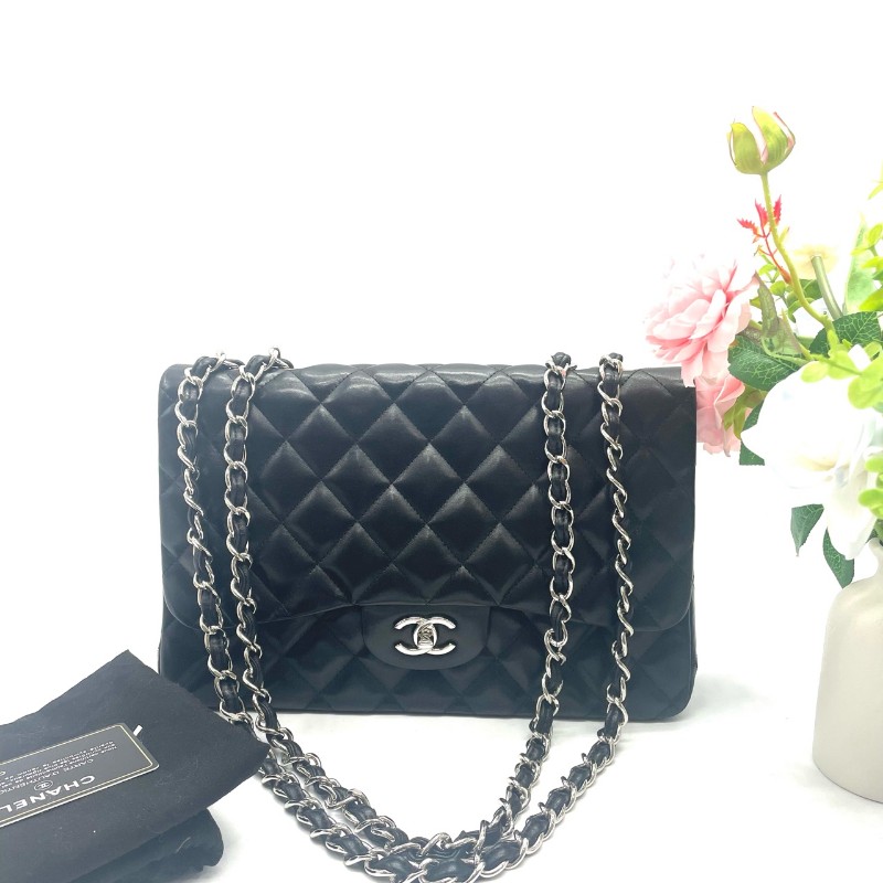 Chanel CF系列 jumbo黑銀羊皮鏈條包-1