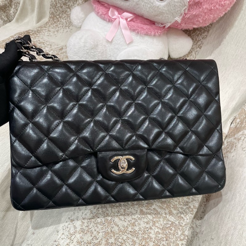 Chanel CF系列 jumbo黑銀羊皮鏈條包-9