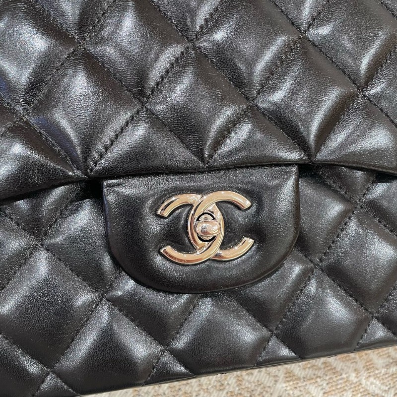 Chanel CF系列 jumbo黑銀羊皮鏈條包-10