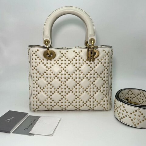 DIOR白金鉚釘五格黛妃肩背斜背包 25*20*12 全新閒置配件保卡購證